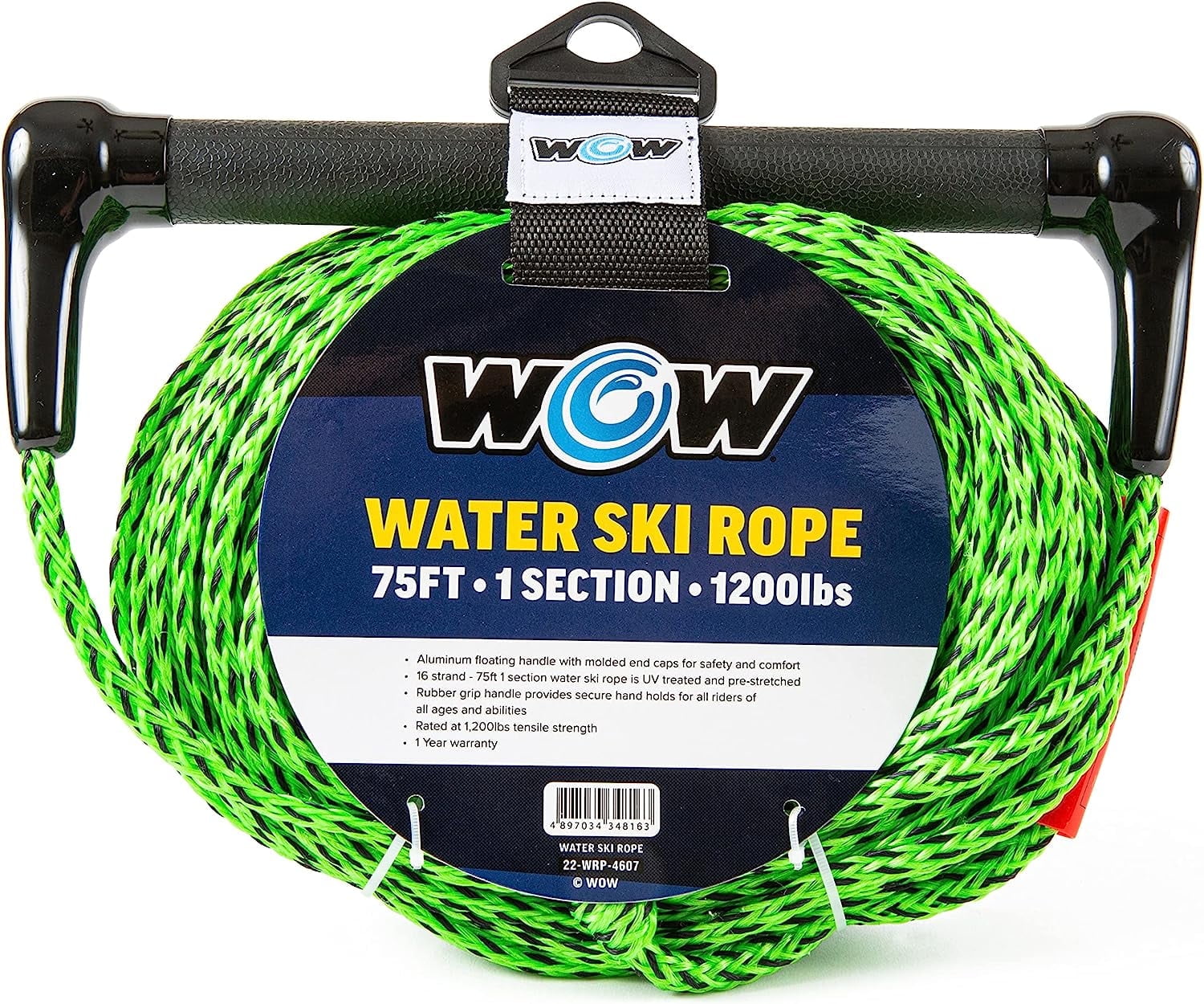 WOW Sports 75' Towing Rope for Water Ski and Watersports, 1-Section Tow Rope with Rubber Handle